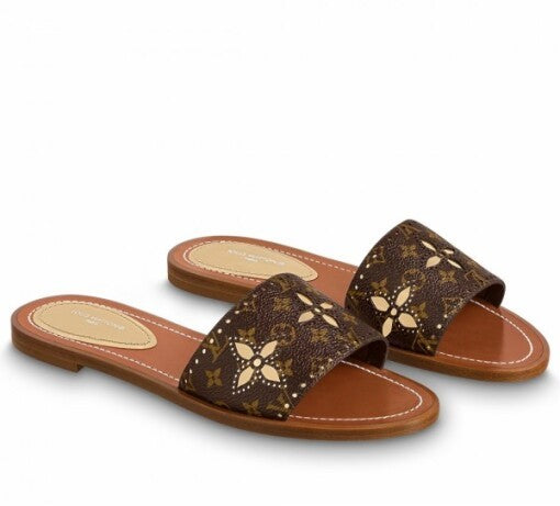 LV Inspired Flat Mules In Perforated Monogram Canvas
