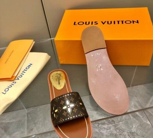 LV Inspired Flat Mules In Perforated Monogram Canvas