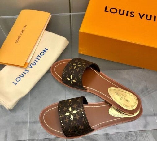 LV Inspired Flat Mules In Perforated Monogram Canvas