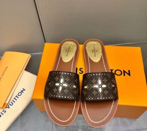 LV Inspired Flat Mules In Perforated Monogram Canvas