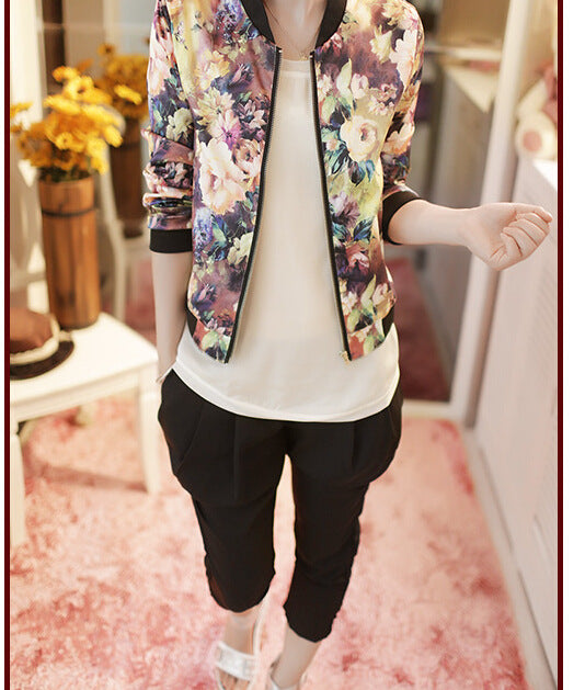 Jacket Trendy Wild Floral Zipper Stand Collar Long Sleeve Short Jacket Women - L&M LIFE PRODUCTS