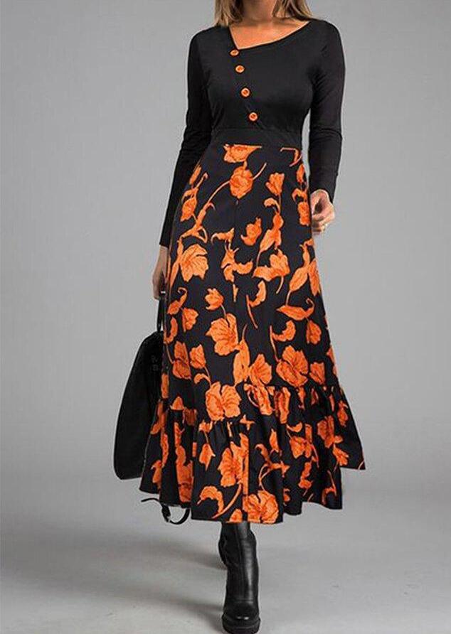 Elegant Patchwork Button Slim Waist Party Dress Retro Floral Print Long Sleeve Boho Dress Women Diagonal Collar Maxi Dress - L&M LIFE PRODUCTS