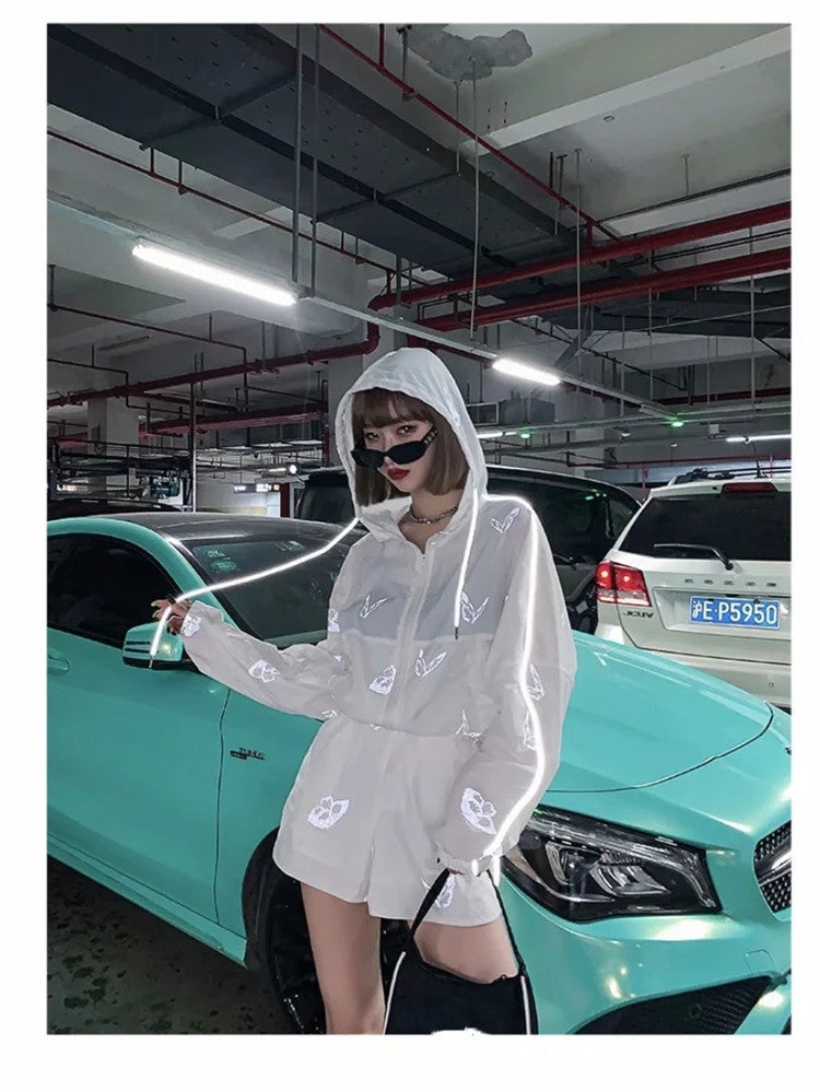Two Piece Set Women Reflective Butterfly Print Playsuits Hoodies High Waist Lace Up Wide Leg Zip Shorts Loose - L&M LIFE PRODUCTS