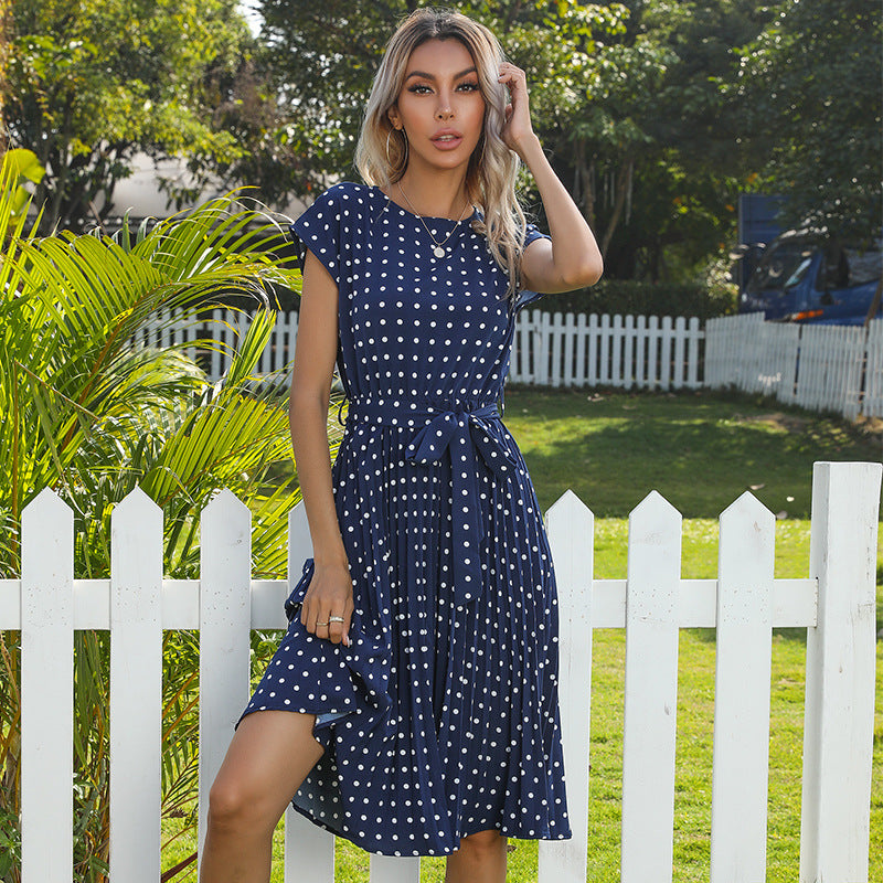 Summer Women Polka Dot Short Sleeve Dress Casual Bandage Party Pleated Midi Dresses Elegant Green Office Lady Clothing - L&M LIFE PRODUCTS