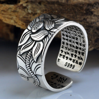 Thai Silver Black Men'S And Women'S Lotus Heart Sutra Ring - L&M LIFE PRODUCTS