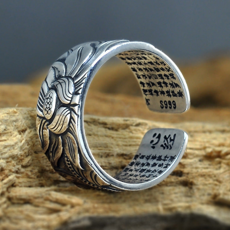 Thai Silver Black Men'S And Women'S Lotus Heart Sutra Ring - L&M LIFE PRODUCTS