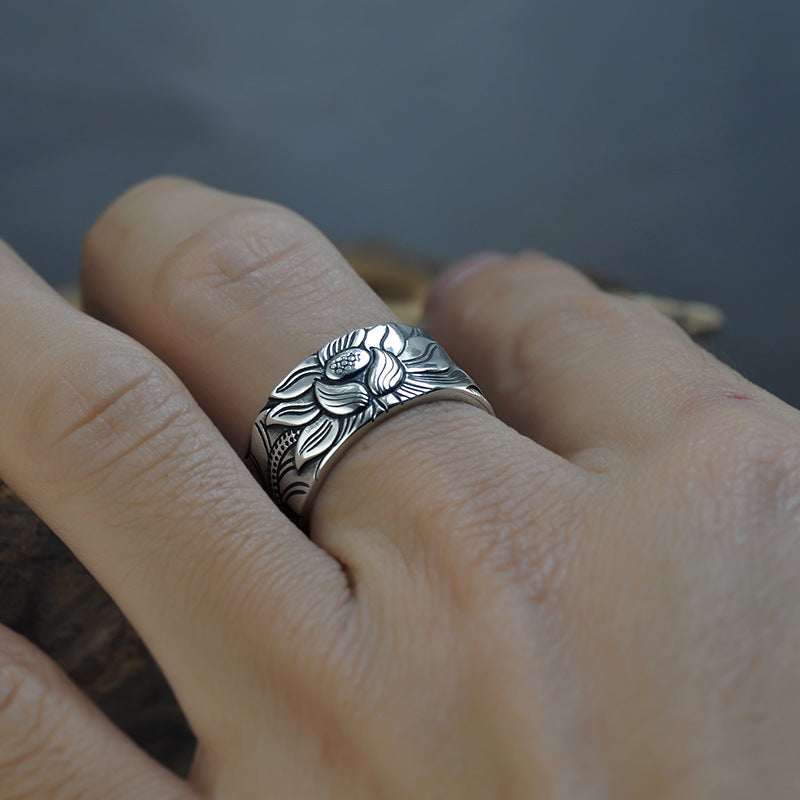 Thai Silver Black Men'S And Women'S Lotus Heart Sutra Ring - L&M LIFE PRODUCTS