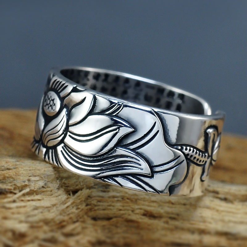 Thai Silver Black Men'S And Women'S Lotus Heart Sutra Ring - L&M LIFE PRODUCTS