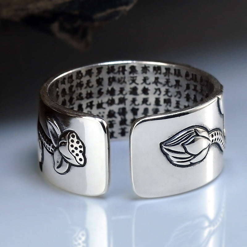 Thai Silver Black Men'S And Women'S Lotus Heart Sutra Ring - L&M LIFE PRODUCTS