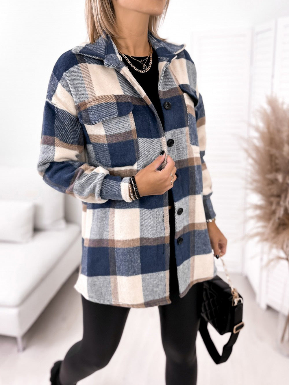 Long-sleeved Single-breasted Plaid Print Shirt Collar Woolen Jacket - L&M LIFE PRODUCTS