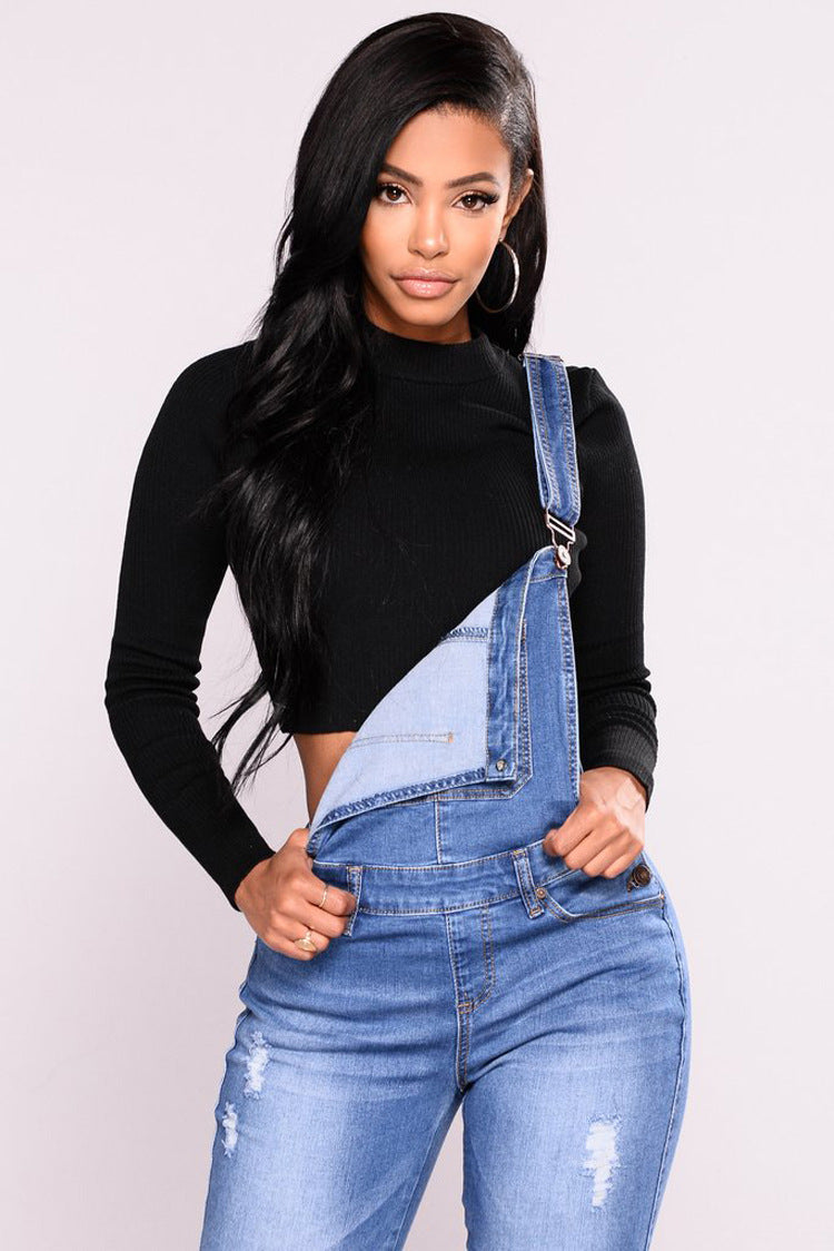 Women's Suspenders Ripped Jeans Trousers