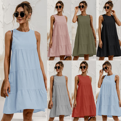 Women's Round Neck Sleeveless Stitching Loose Big Swing Vest Dress