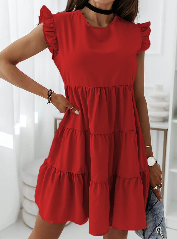 Fashion Loose Ruffled Short Sleeved Stitching Dress