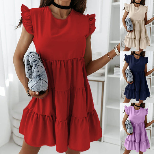 Fashion Loose Ruffled Short Sleeved Stitching Dress