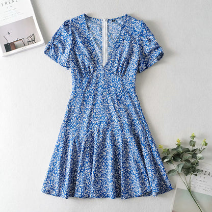 Ladies V-neck Printed Dress Short Sleeve