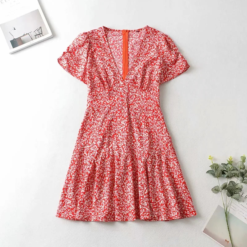 Ladies V-neck Printed Dress Short Sleeve