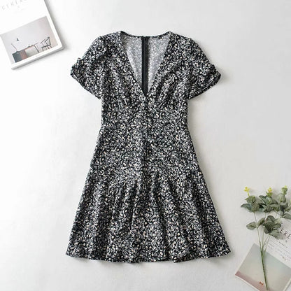 Ladies V-neck Printed Dress Short Sleeve