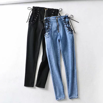 Double tie rope high waist jeans