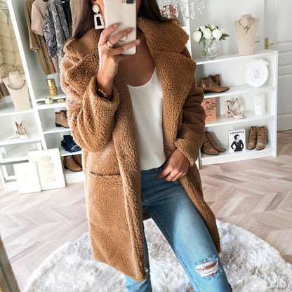 Long faux fur coat suit collar women casual coat