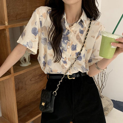 Vintage Chiffon Printed Short-sleeved Shirt Woman