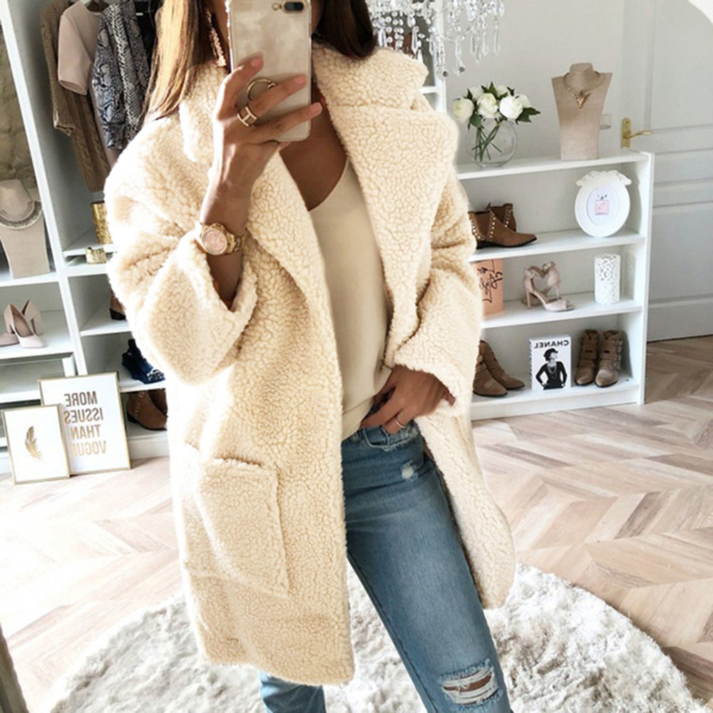 Long faux fur coat suit collar women casual coat