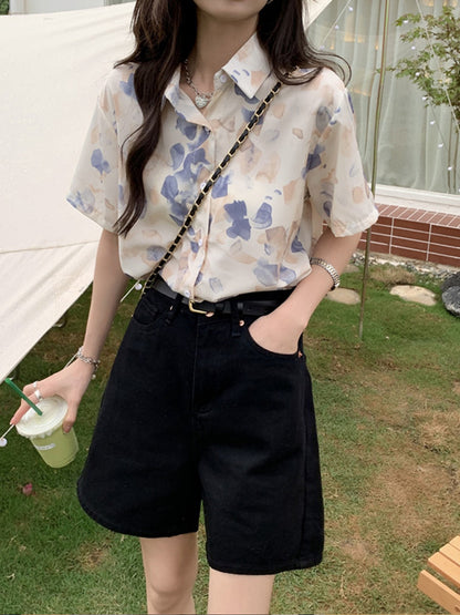 Vintage Chiffon Printed Short-sleeved Shirt Woman