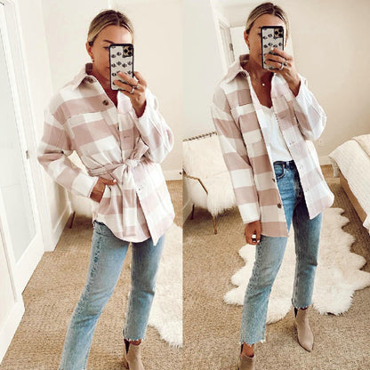 Autumn And Winter Lace-up Plaid Cardigan Long Sleeves