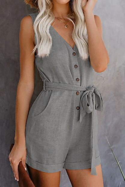 Laura Maritza Designs Playsuit Summer V Neck Sleeveless Button Belt Bow Casual Jumpsuit Solid Romper Elegant Tunic Short Overalls