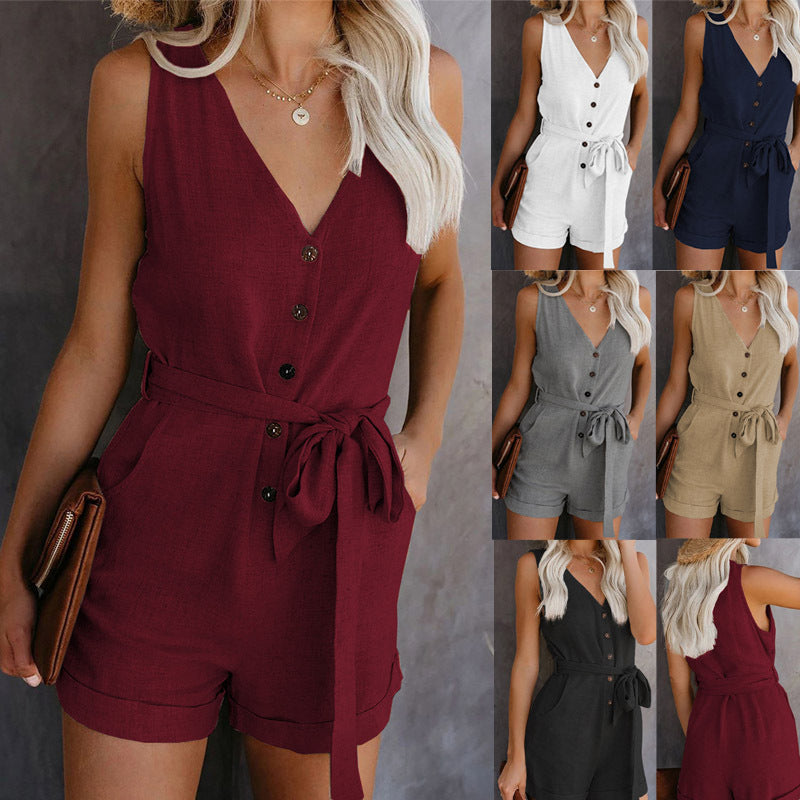 Laura Maritza Designs Playsuit Summer V Neck Sleeveless Button Belt Bow Casual Jumpsuit Solid Romper Elegant Tunic Short Overalls