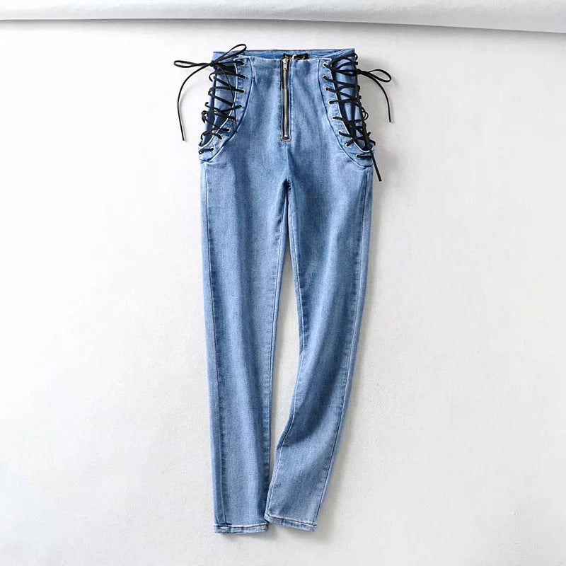 Double tie rope high waist jeans