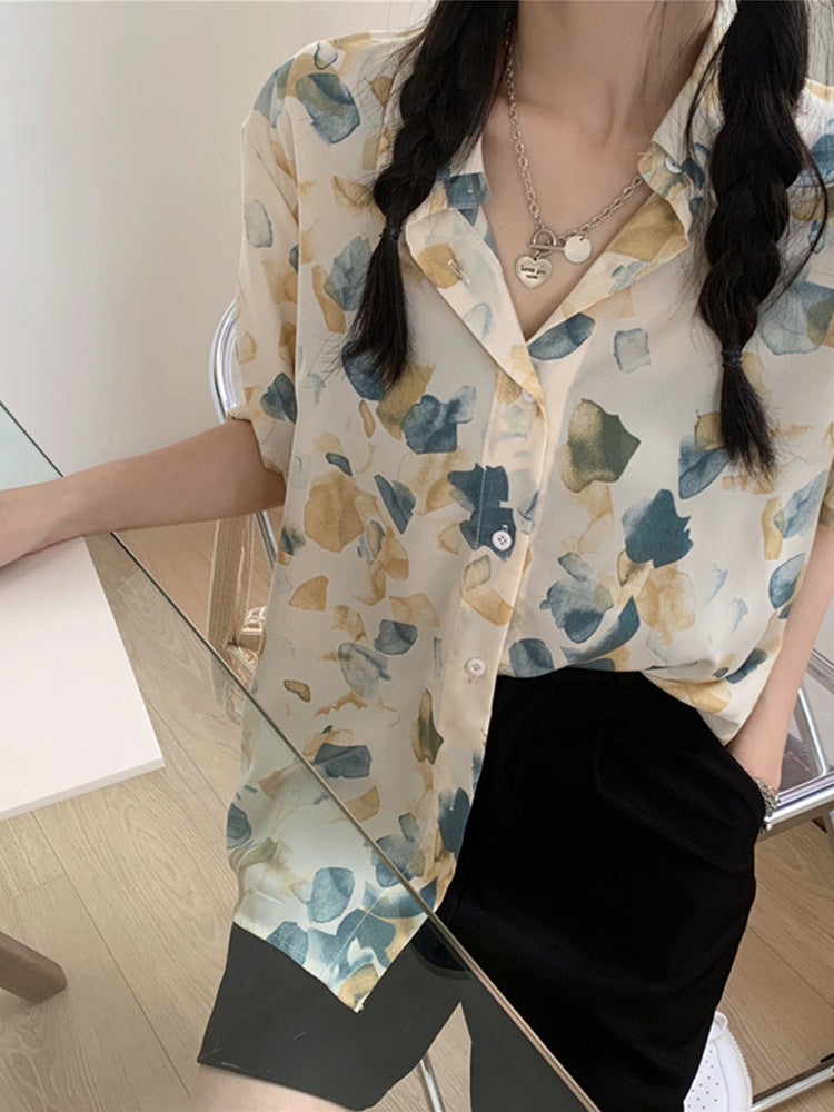 Vintage Chiffon Printed Short-sleeved Shirt Woman