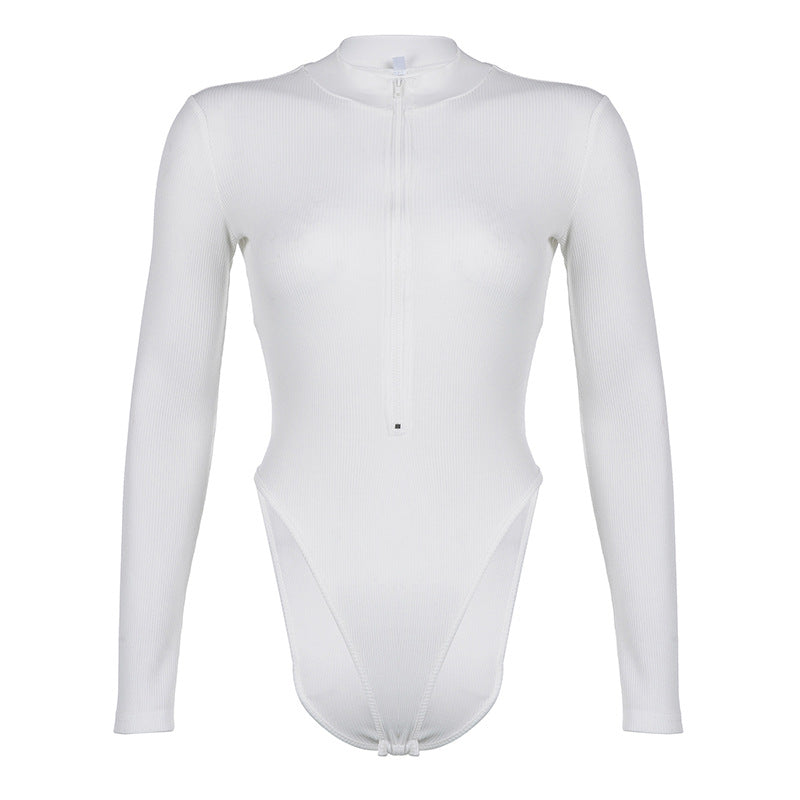 Round Neck Zipper Long Sleeve Threaded Bodysuit Women