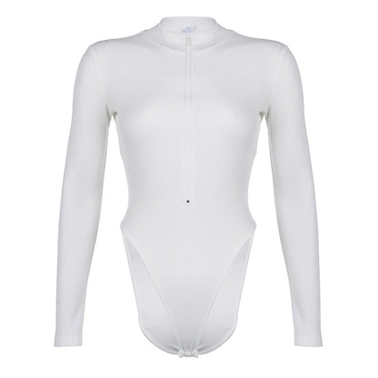 Round Neck Zipper Long Sleeve Threaded Bodysuit Women