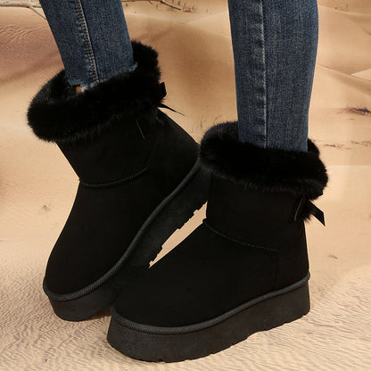 New Bow-knot Snow Boots Winter Plus Velvet Warm Thick-soled Ankle Boots For Women Simple Daily Leisure Cotton Shoes