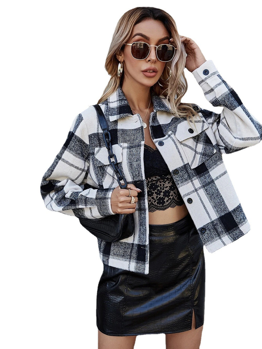 Single-breasted Woolen Plaid Short Coat Women - L&M LIFE PRODUCTS