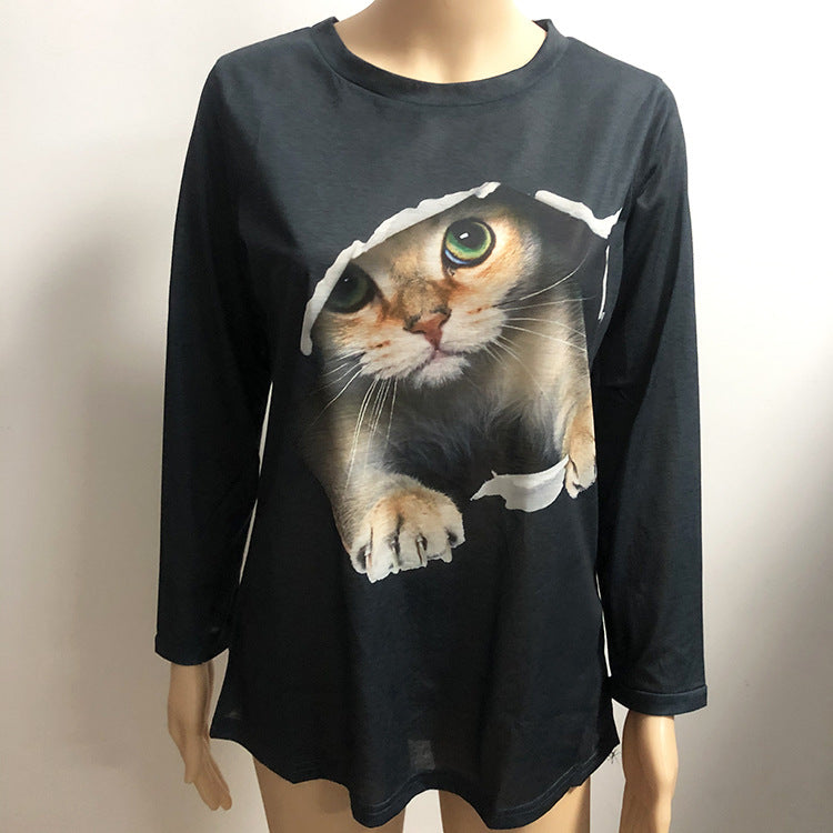 Fashion Round Neck Pullover Cat Long Sleeve Women's T-Shirt - L&M LIFE PRODUCTS