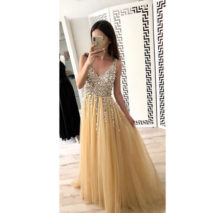 Hot Sale Front And Back V-neck Sequined Floor-length Dovetail Dress - L&M LIFE PRODUCTS