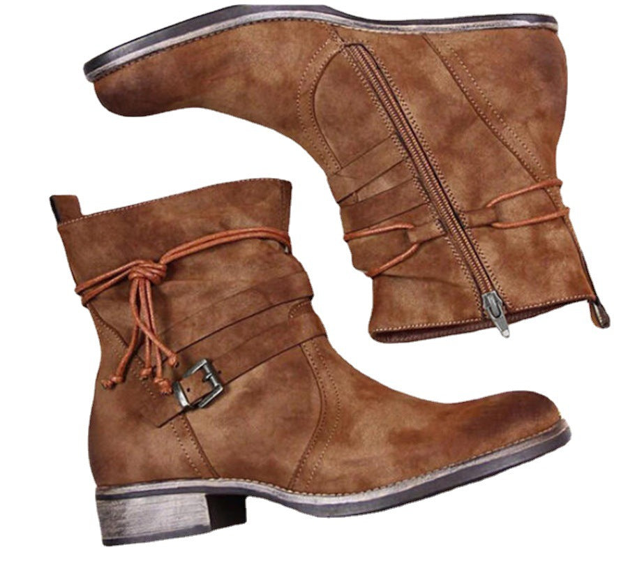 New Round Toe Side Zipper Laces Low Square Heel Ladies Plus Size Short Boots - L&M LIFE PRODUCTS