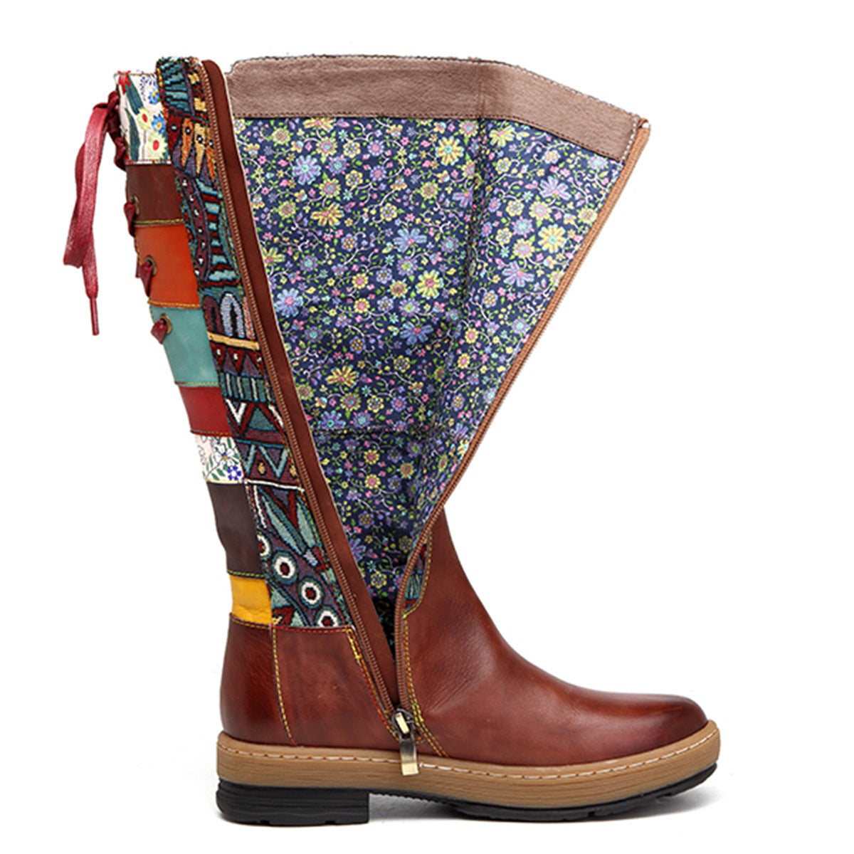 Vintage Mid-calf Boots Women Shoes Bohemian Retro Genuine Leather Motorcycle Boots Printed Side Zipper Back Lace Up Botas - L&M LIFE PRODUCTS