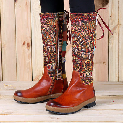 Vintage Mid-calf Boots Women Shoes Bohemian Retro Genuine Leather Motorcycle Boots Printed Side Zipper Back Lace Up Botas - L&M LIFE PRODUCTS