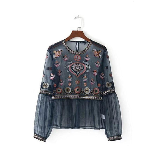 Sheer Mesh Floral Embroidery Top - L&M LIFE PRODUCTS