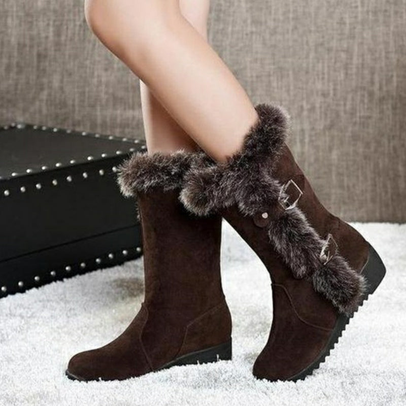 Brown New Winter Women Casual Warm Fur Mid-Calf Boots Shoes Women Slip-On Round Toe Flats Snow Boots Shoes - L&M LIFE PRODUCTS