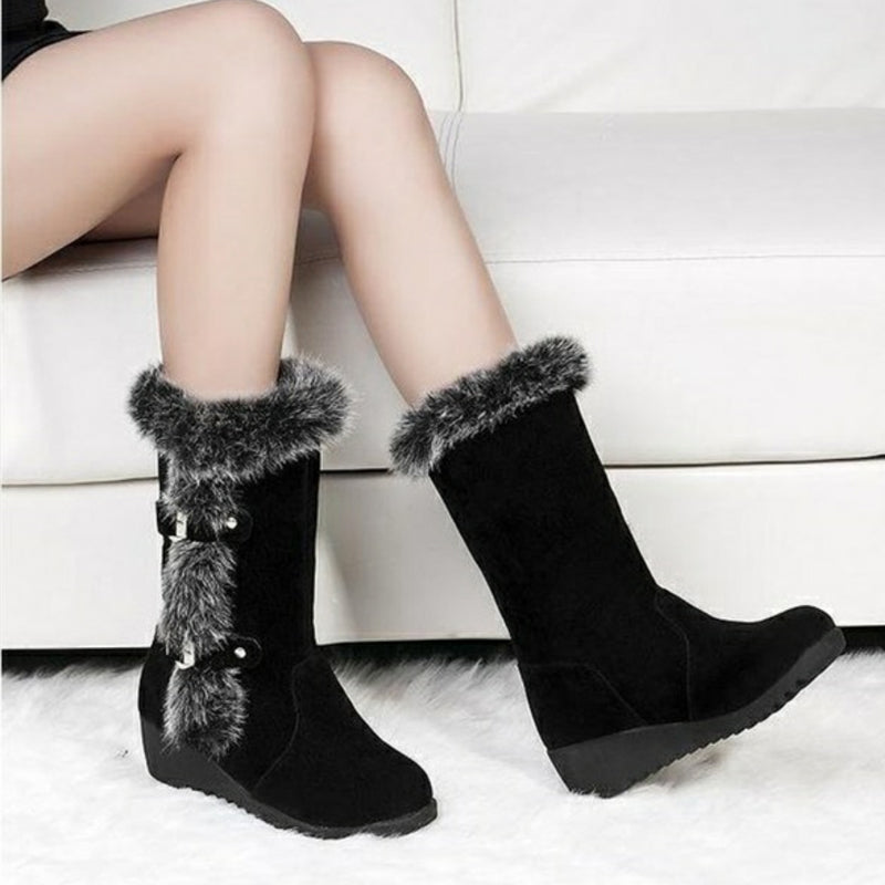 Brown New Winter Women Casual Warm Fur Mid-Calf Boots Shoes Women Slip-On Round Toe Flats Snow Boots Shoes - L&M LIFE PRODUCTS