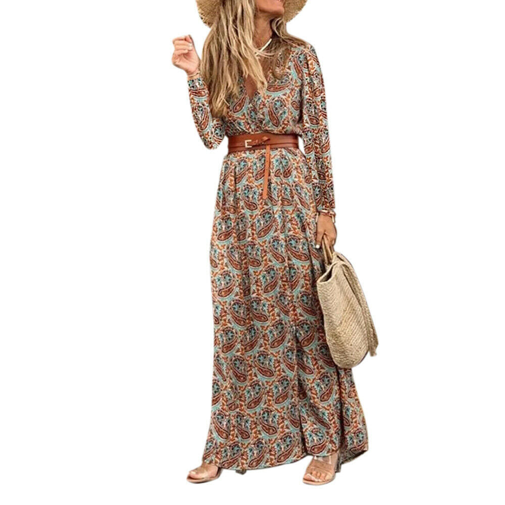 Long Sleeve V-neck Bohemian Floral Dress - L&M LIFE PRODUCTS