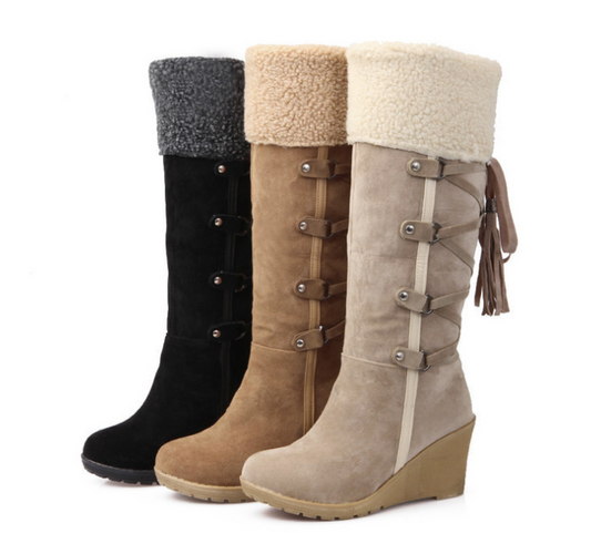 AIWEIYi Women Knee High Boots Wedge High Heels Shoes Knight Boots Warm Winter Boots Lady Shoes Black Yellow Fur Snow Boots - L&M LIFE PRODUCTS