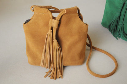 Fringed Drawstring Bucket Bag In Frosted Cowhide Suede Leather - L&M LIFE PRODUCTS