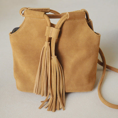 Fringed Drawstring Bucket Bag In Frosted Cowhide Suede Leather - L&M LIFE PRODUCTS