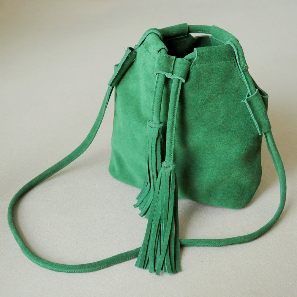 Fringed Drawstring Bucket Bag In Frosted Cowhide Suede Leather - L&M LIFE PRODUCTS