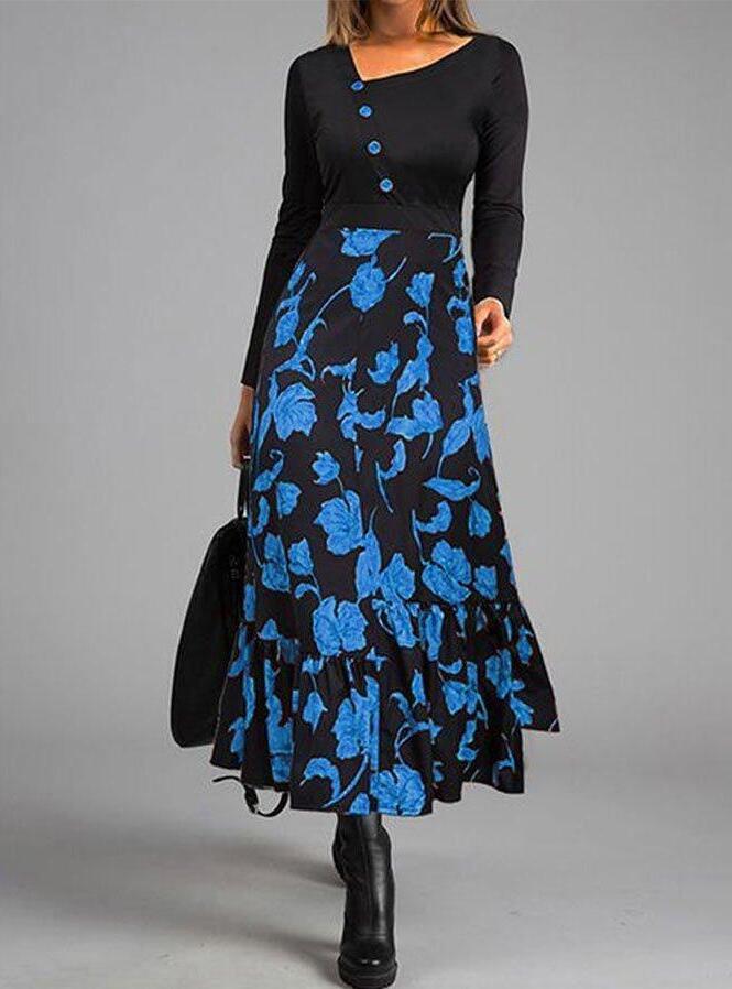 Elegant Patchwork Button Slim Waist Party Dress Retro Floral Print Long Sleeve Boho Dress Women  Diagonal Collar Maxi Dress - L&M LIFE PRODUCTS