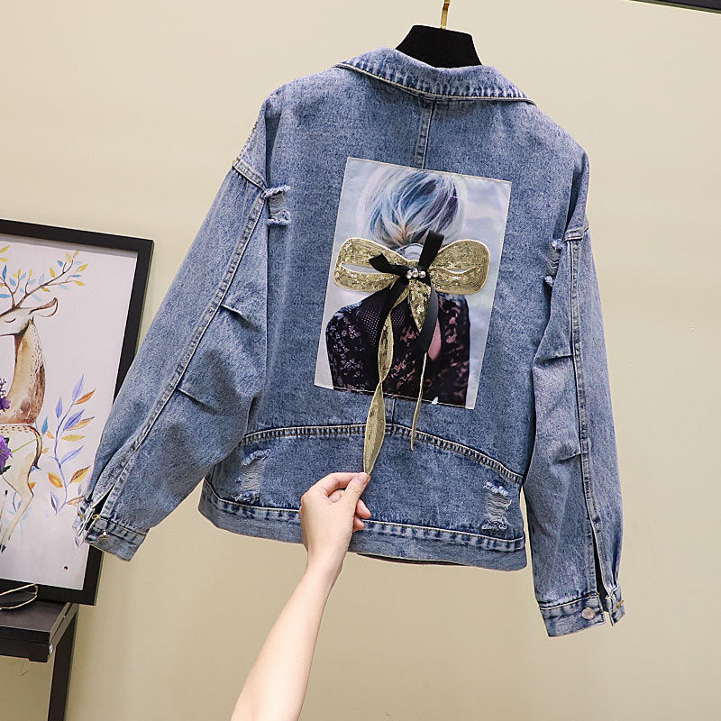 Ripped Sequined Denim Jacket Women Jacket Top - L&M LIFE PRODUCTS